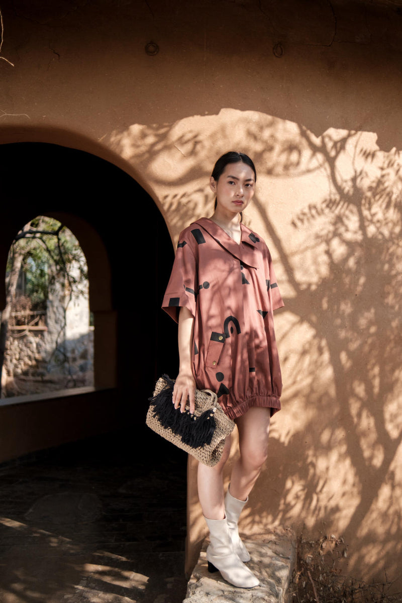 Sydney Shift Dress-Copper Triangle Printed cotton by The Terra Tribe for women in Singapore