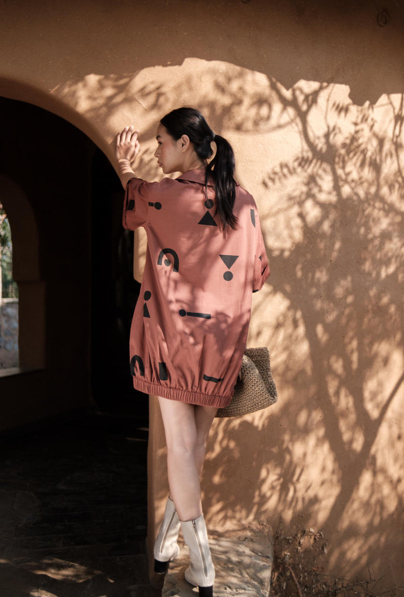 Sydney Shift Dress-Copper Triangle Printed cotton by The Terra Tribe for women in Singapore