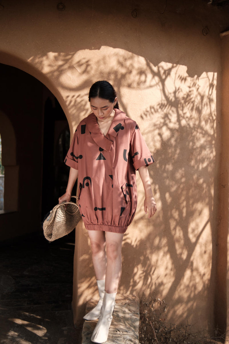 Sydney Shift Dress-Copper Triangle Printed cotton by The Terra Tribe for women in Singapore
