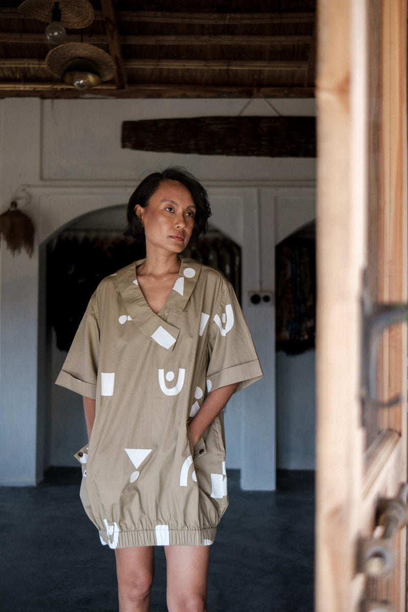 Sydney Shift Dress-Khaki Triangle Printed cotton by The Terra Tribe for women in Singapore