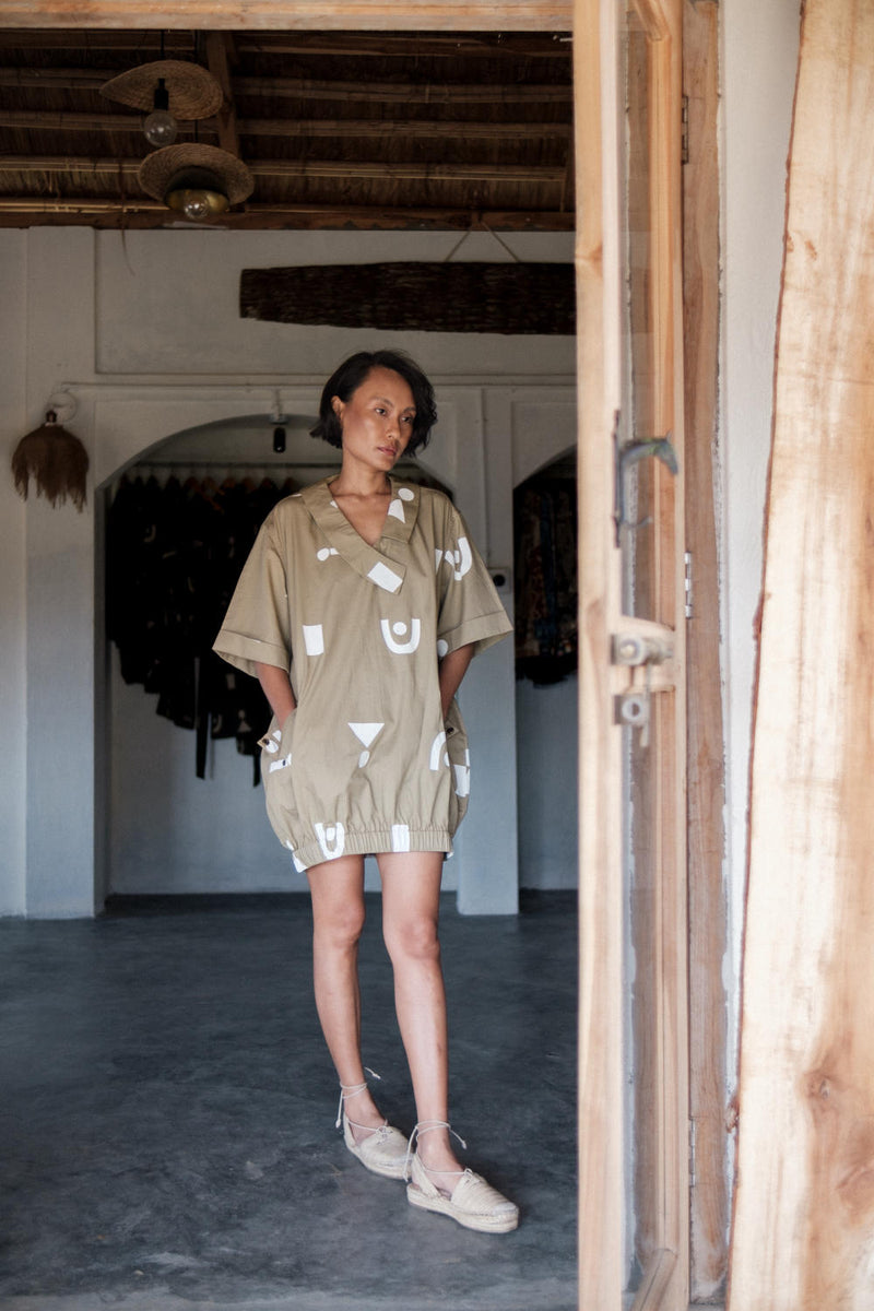 Sydney Shift Dress-Khaki Triangle Printed cotton by The Terra Tribe for women in Singapore