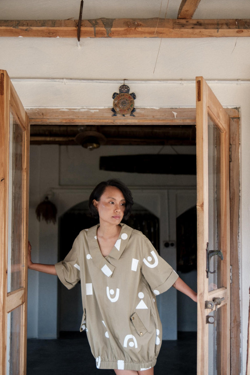 Sydney Shift Dress-Khaki Triangle Printed cotton by The Terra Tribe for women in Singapore