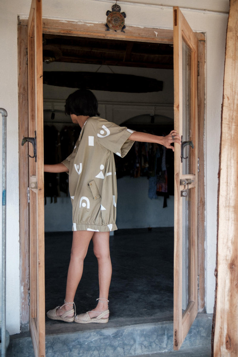 Sydney Shift Dress-Khaki Triangle Printed cotton by The Terra Tribe for women in Singapore