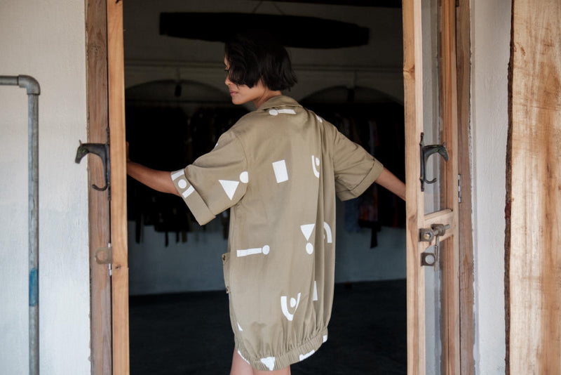 Sydney Shift Dress-Khaki Triangle Printed cotton by The Terra Tribe for women in Singapore