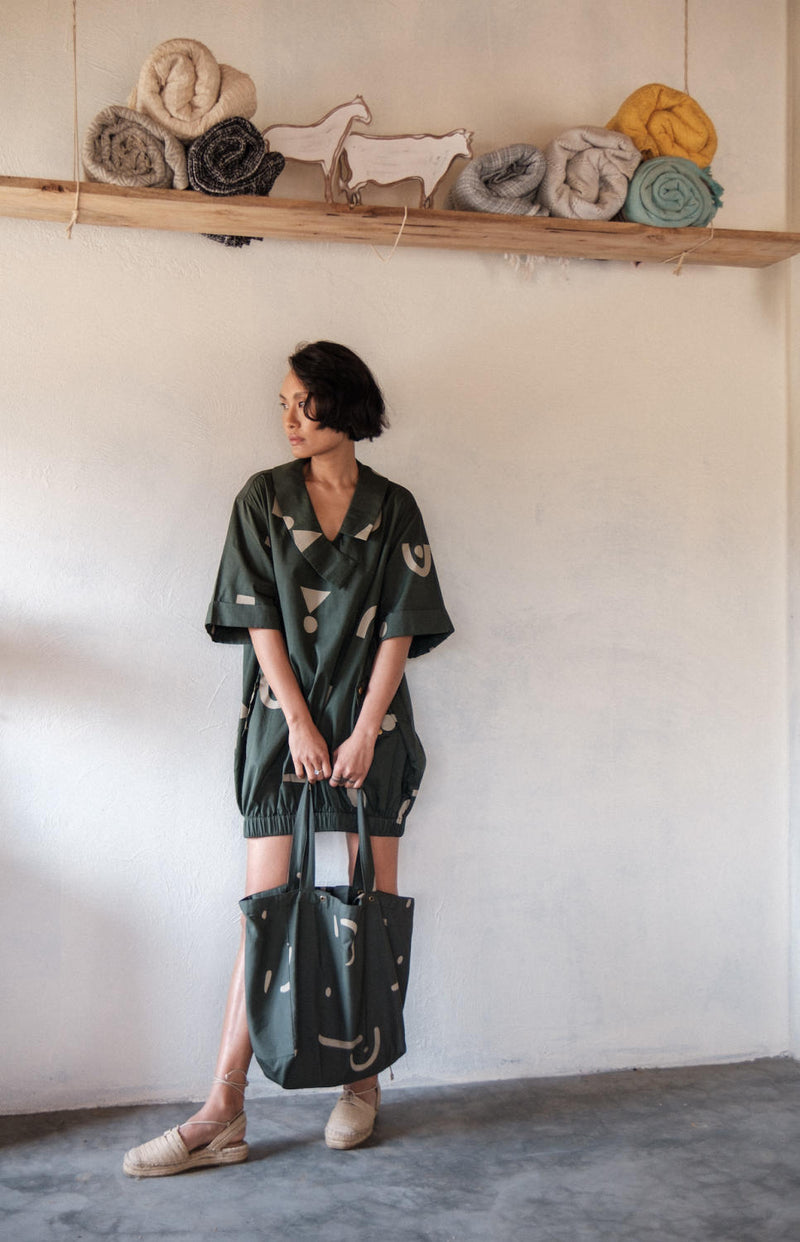 Sydney Shift Dress-Deep Green Triangle Printed cotton by The Terra Tribe in green color for women in Singapore