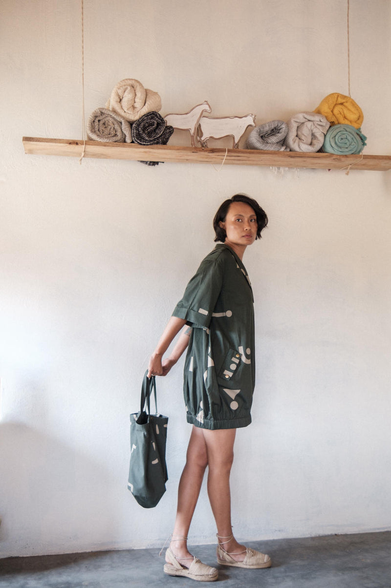 Sydney Shift Dress-Deep Green Triangle Printed cotton by The Terra Tribe in green color for women in Singapore