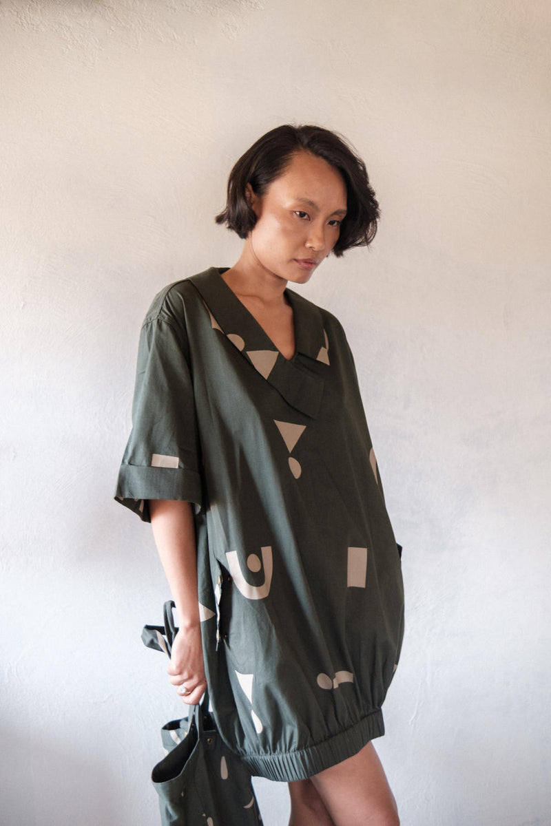 Sydney Shift Dress-Deep Green Triangle Printed cotton by The Terra Tribe in green color for women in Singapore