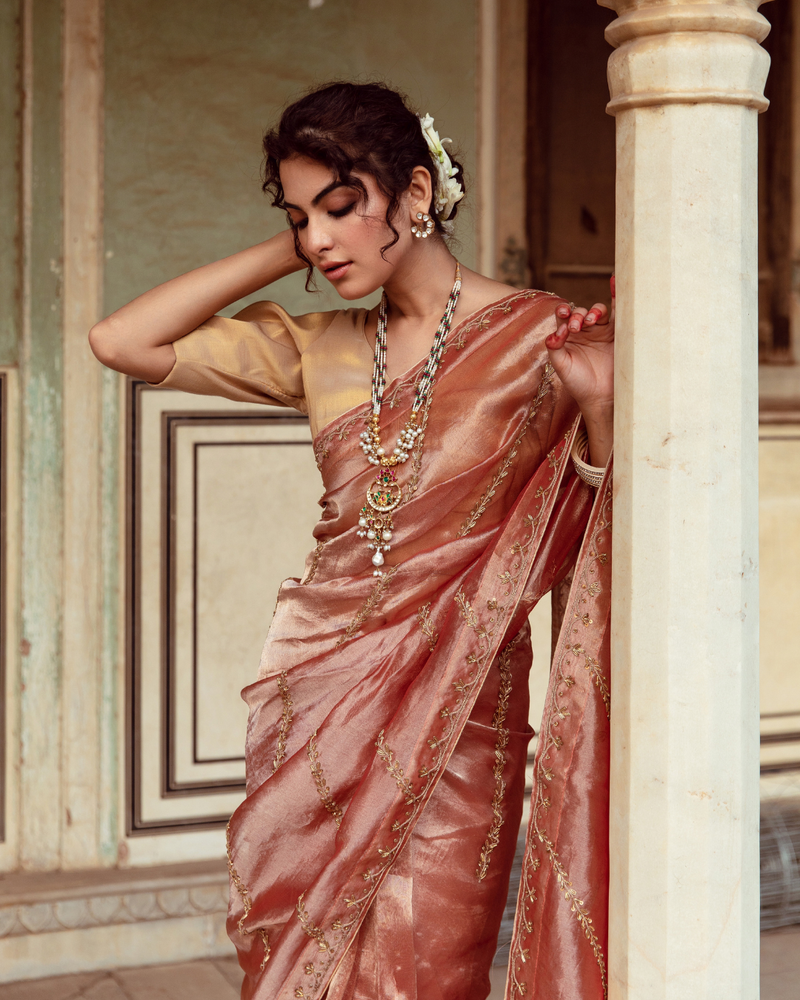 Rust Tissue Silk Embroidered Sari silk Buy Rust Tissue Silk Embroidered Sari from C&W | Saree for Women by Maison Shefali in rust color for women in Singapore