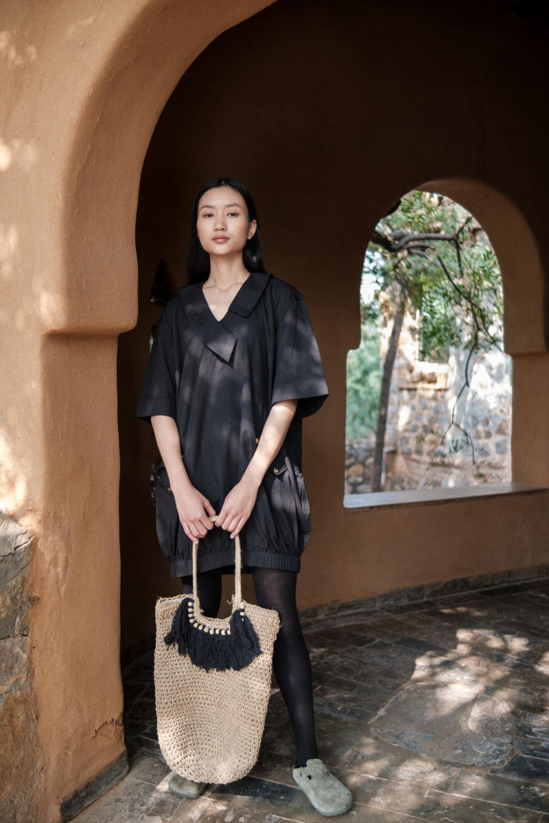 Sydney Shift Dress-Black cotton by The Terra Tribe in black color for women in Singapore