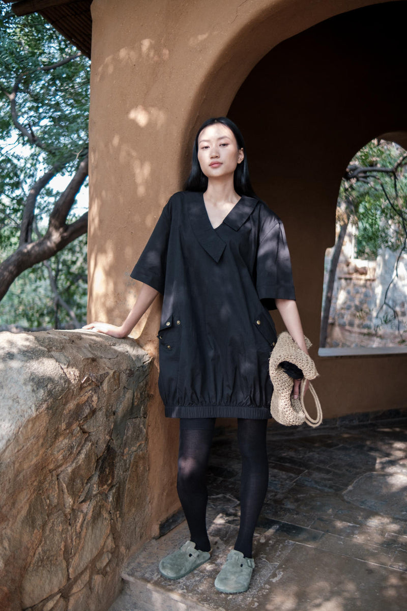 Sydney Shift Dress-Black cotton by The Terra Tribe in black color for women in Singapore