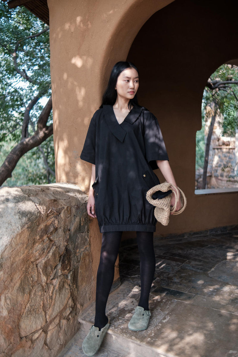 Sydney Shift Dress-Black cotton by The Terra Tribe in black color for women in Singapore