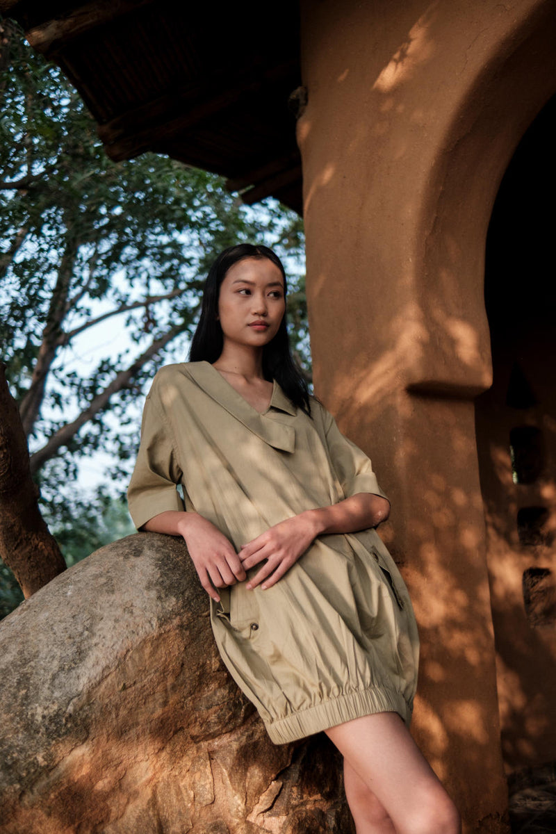 Sydney Shift Dress-Khaki cotton by The Terra Tribe for women in Singapore
