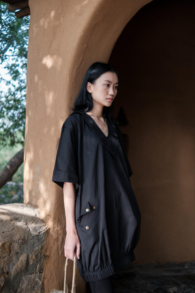 Sydney Shift Dress-Black cotton by The Terra Tribe in black color for women in Singapore