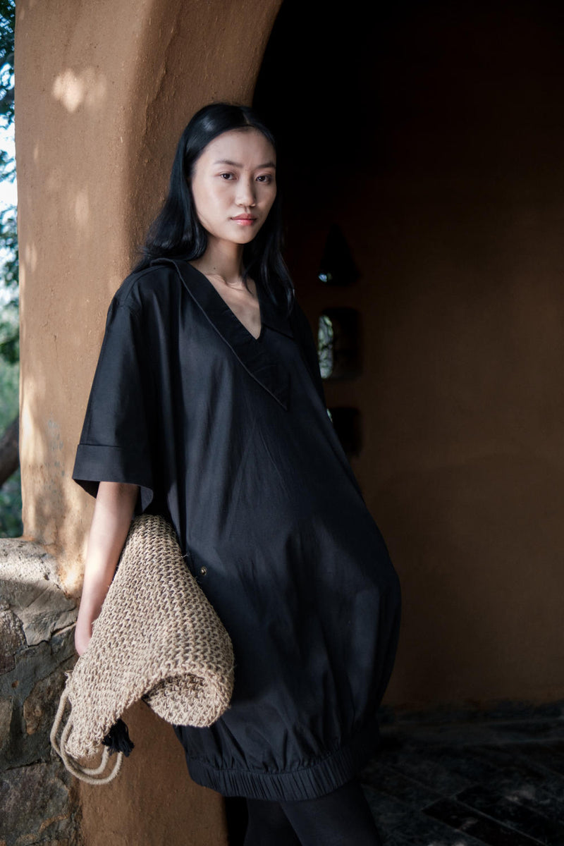 Sydney Shift Dress-Black cotton by The Terra Tribe in black color for women in Singapore
