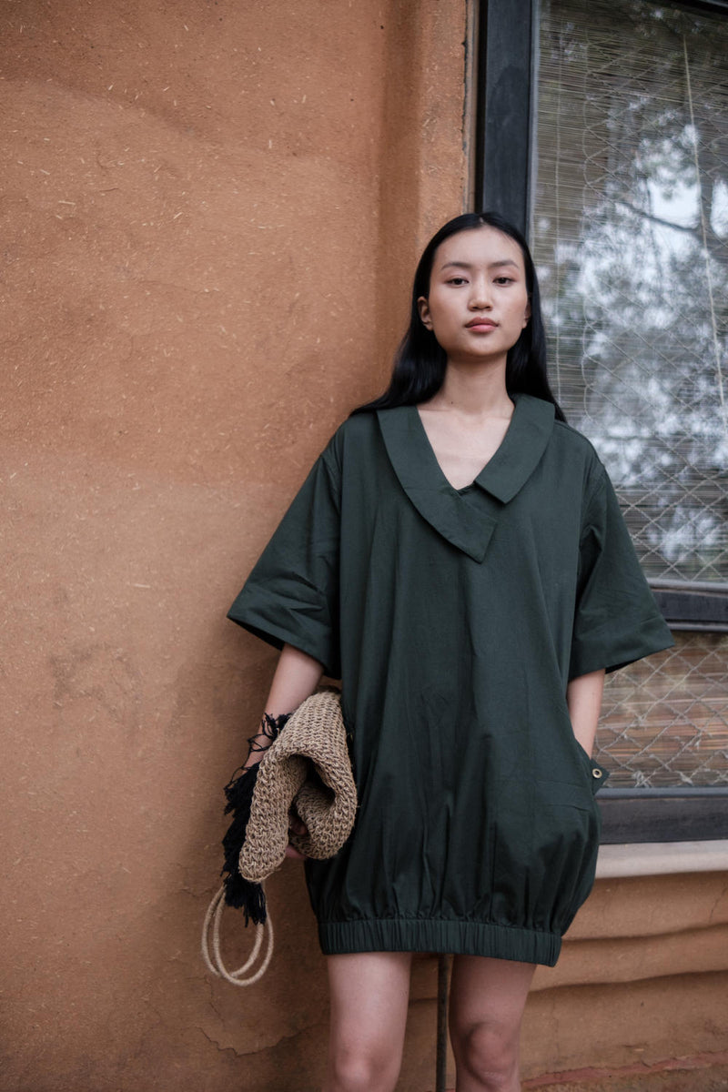 Sydney Shift Dress-Deep Green cotton by The Terra Tribe in green color for women in Singapore