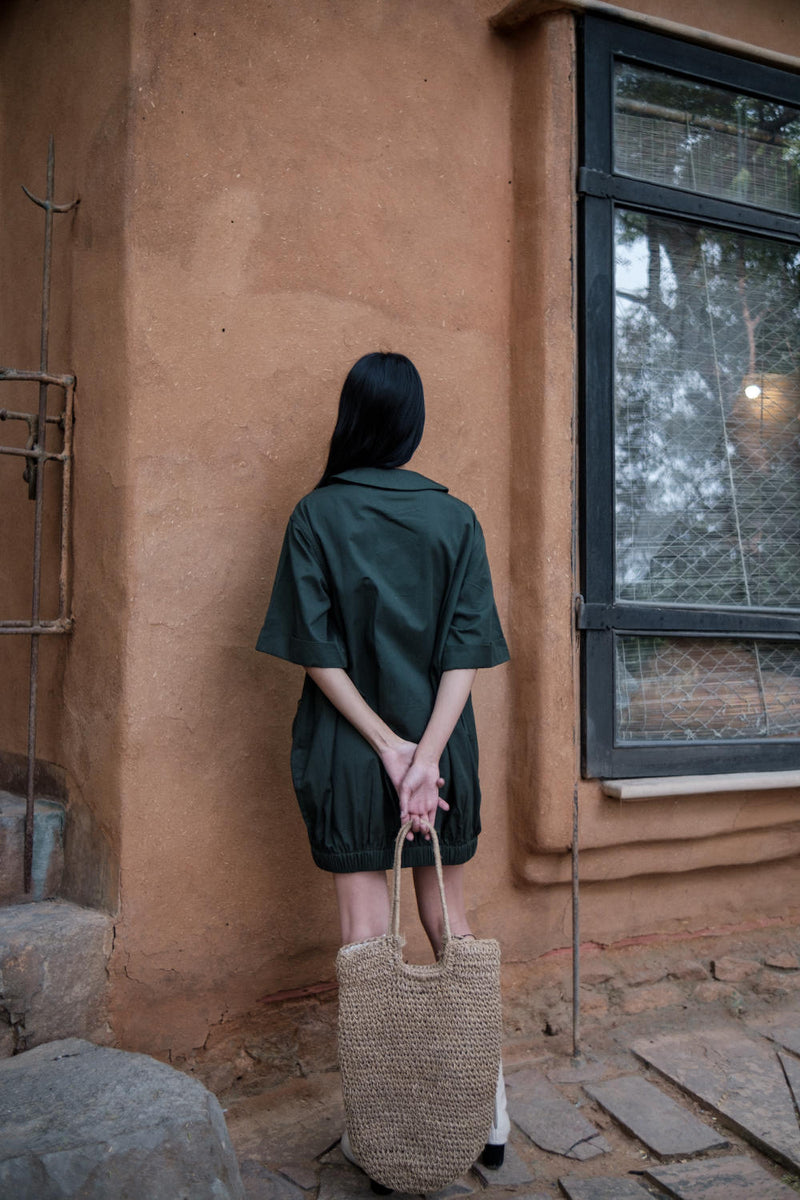 Sydney Shift Dress-Deep Green cotton by The Terra Tribe in green color for women in Singapore