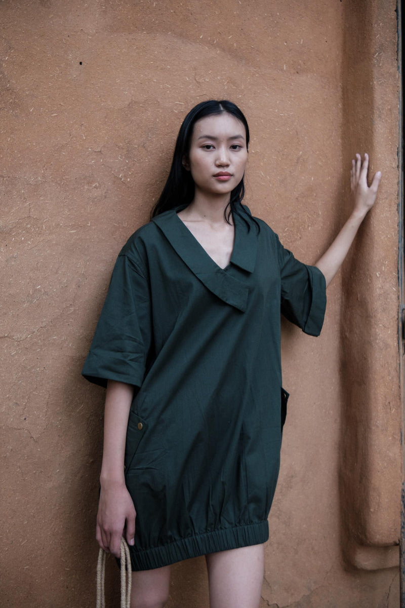 Sydney Shift Dress-Deep Green cotton by The Terra Tribe in green color for women in Singapore