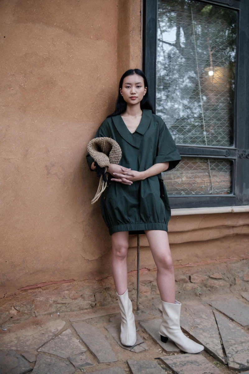 Sydney Shift Dress-Deep Green cotton by The Terra Tribe in green color for women in Singapore