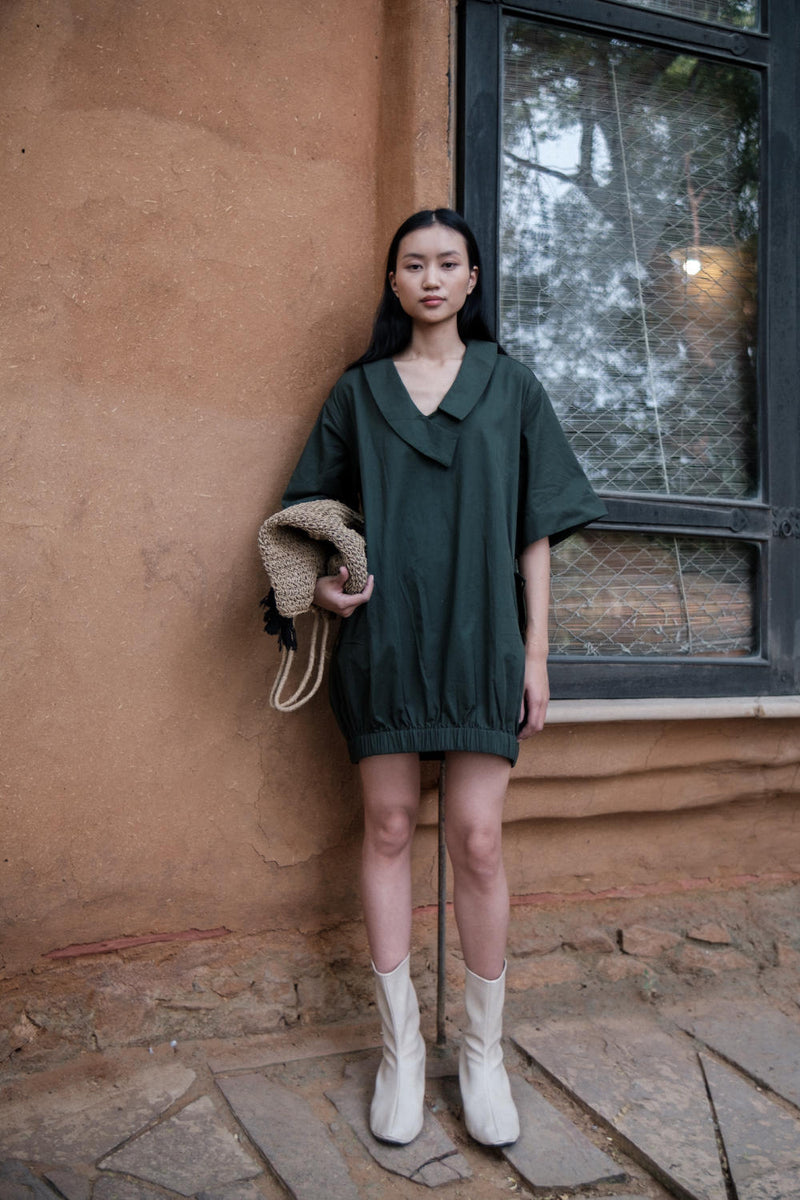 Sydney Shift Dress-Deep Green cotton by The Terra Tribe in green color for women in Singapore