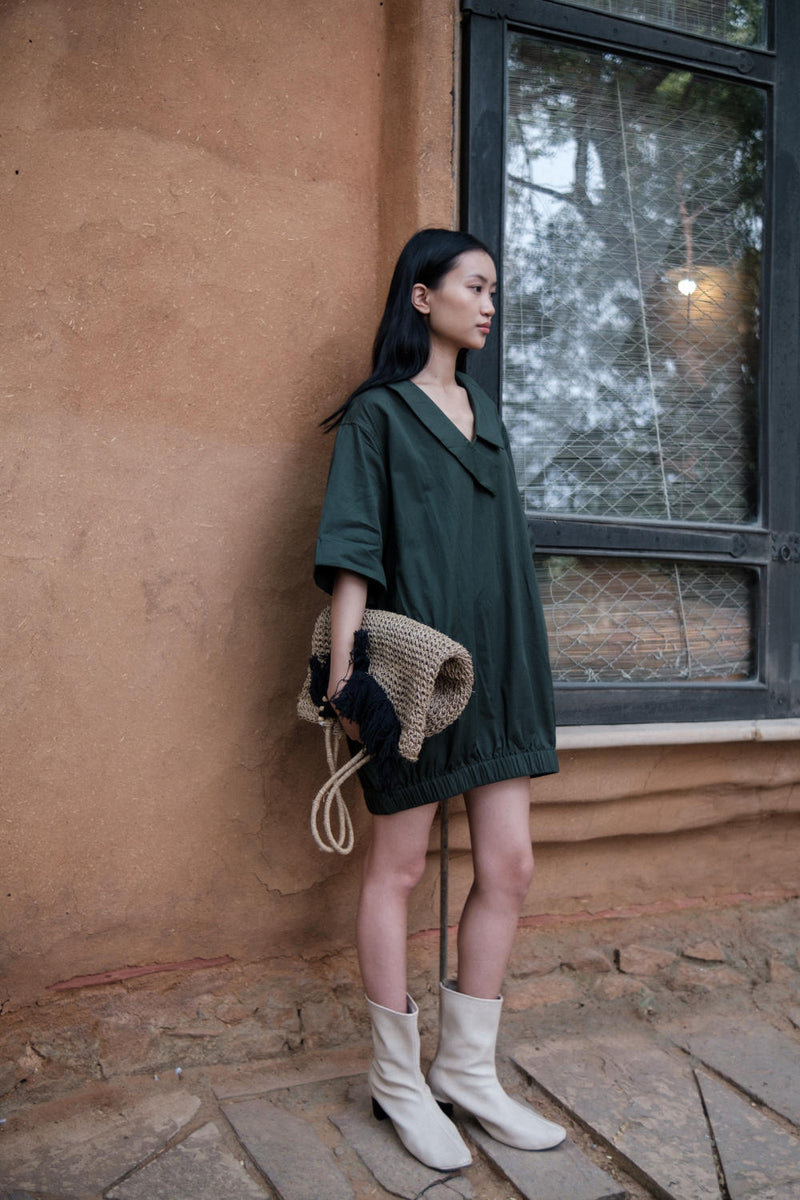 Sydney Shift Dress-Deep Green cotton by The Terra Tribe in green color for women in Singapore