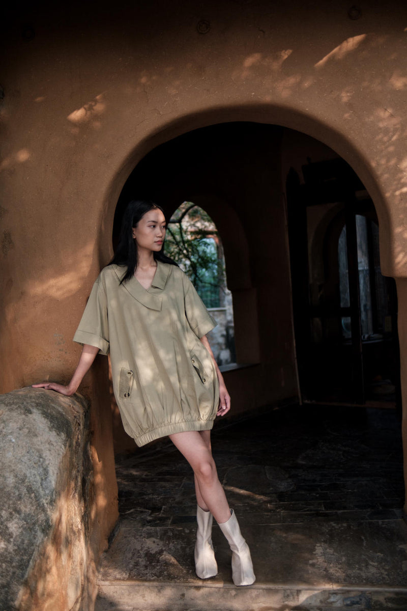 Sydney Shift Dress-Khaki cotton by The Terra Tribe for women in Singapore