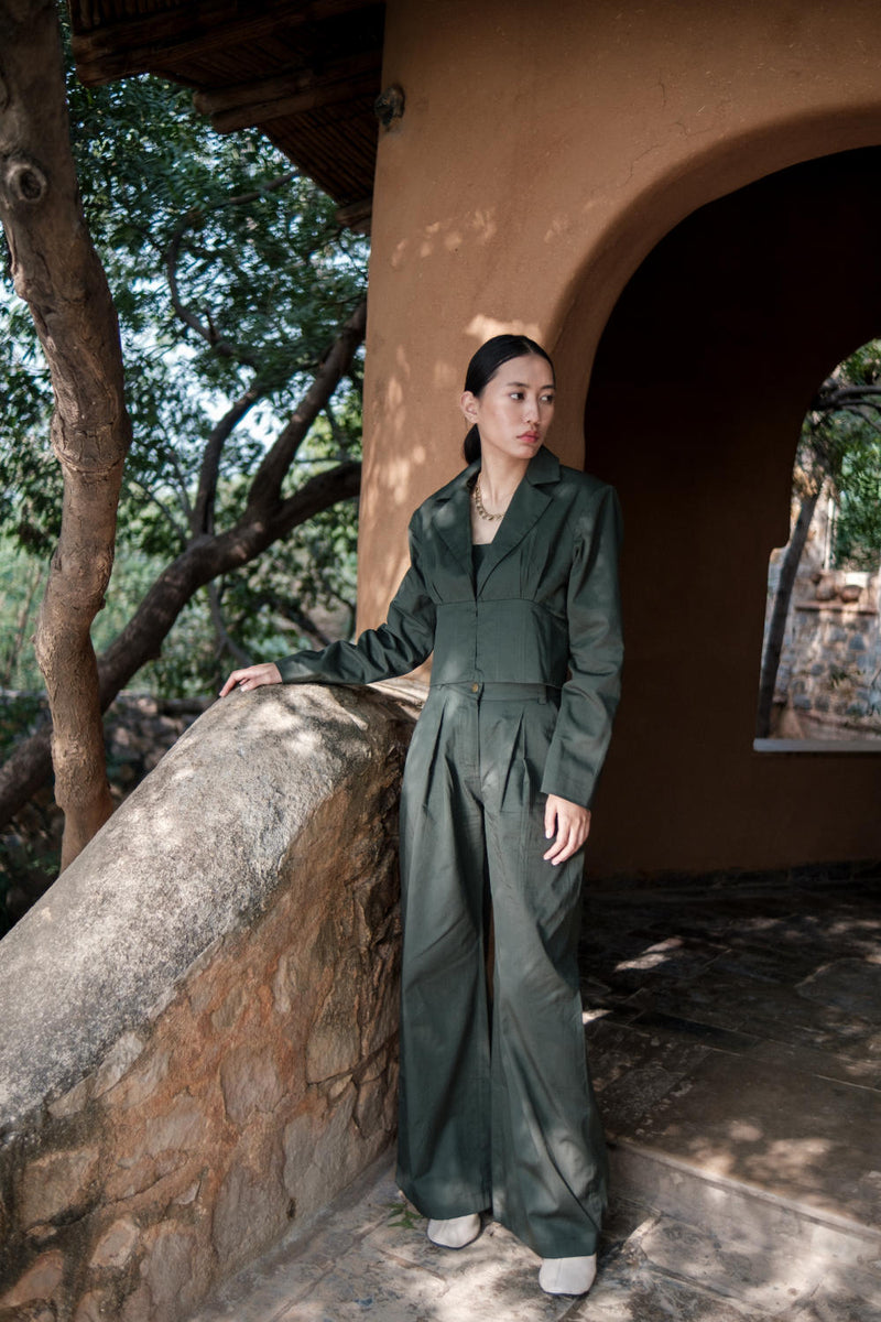 Friday Flared Pants-Deep Green cotton by The Terra Tribe in green color for women in Singapore