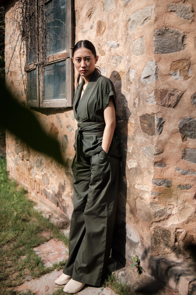 Friday Flared Pants-Deep Green cotton by The Terra Tribe in green color for women in Singapore