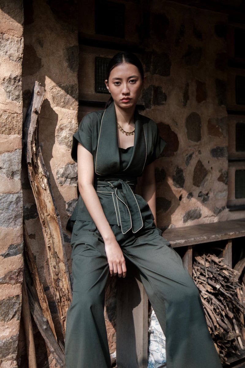 Friday Flared Pants-Deep Green cotton by The Terra Tribe in green color for women in Singapore