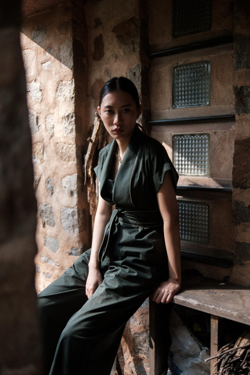 Friday Flared Pants-Deep Green cotton by The Terra Tribe in green color for women in Singapore