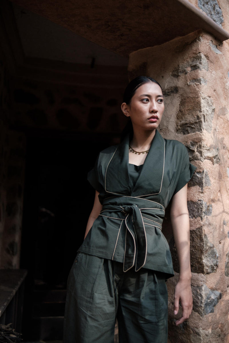 Friday Flared Pants-Deep Green cotton by The Terra Tribe in green color for women in Singapore