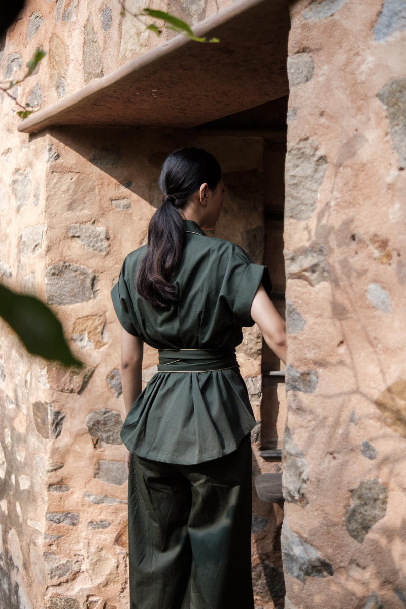 Friday Flared Pants-Deep Green cotton by The Terra Tribe in green color for women in Singapore