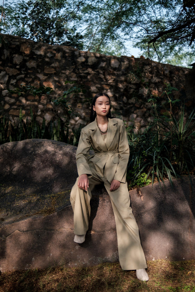 Friday Flared Pants-Khaki cotton by The Terra Tribe for women in Singapore