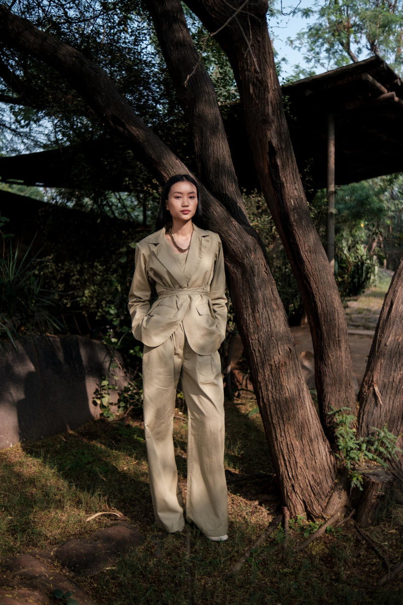 Friday Flared Pants-Khaki cotton by The Terra Tribe for women in Singapore