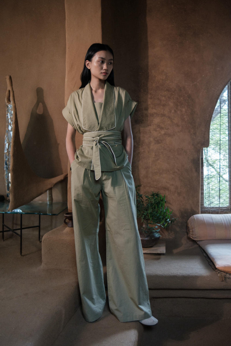 Friday Flared Pants-Khaki cotton by The Terra Tribe for women in Singapore