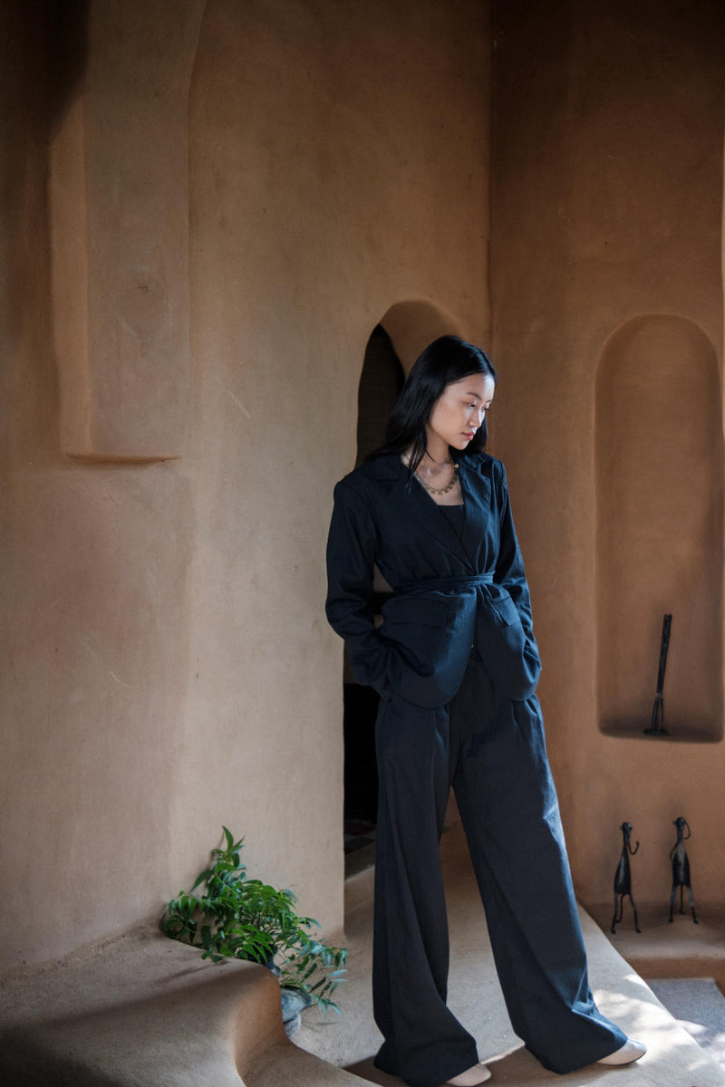 Friday Flared Pants-Black Line Printed cotton by The Terra Tribe in black color for women in Singapore