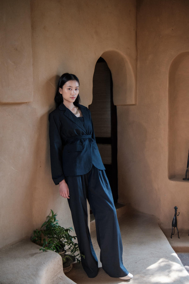 Friday Flared Pants-Black Line Printed cotton by The Terra Tribe in black color for women in Singapore