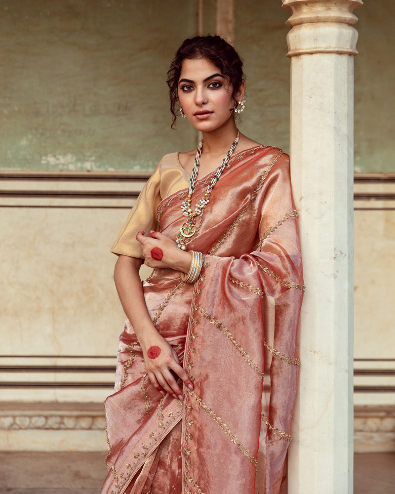 Rust Tissue Silk Embroidered Sari silk Buy Rust Tissue Silk Embroidered Sari from C&W | Saree for Women by Maison Shefali in rust color for women in Singapore