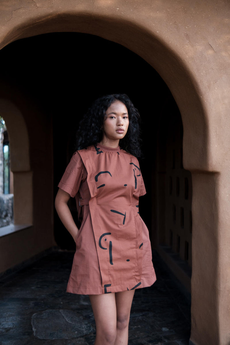 Rory Rib Dress-Copper Line Printed cotton by The Terra Tribe for women in Singapore