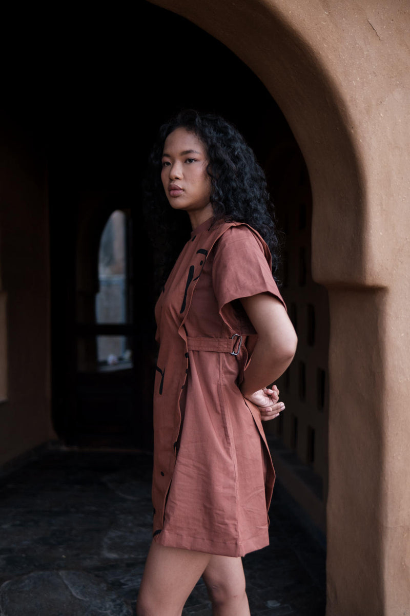 Rory Rib Dress-Copper Line Printed cotton by The Terra Tribe for women in Singapore