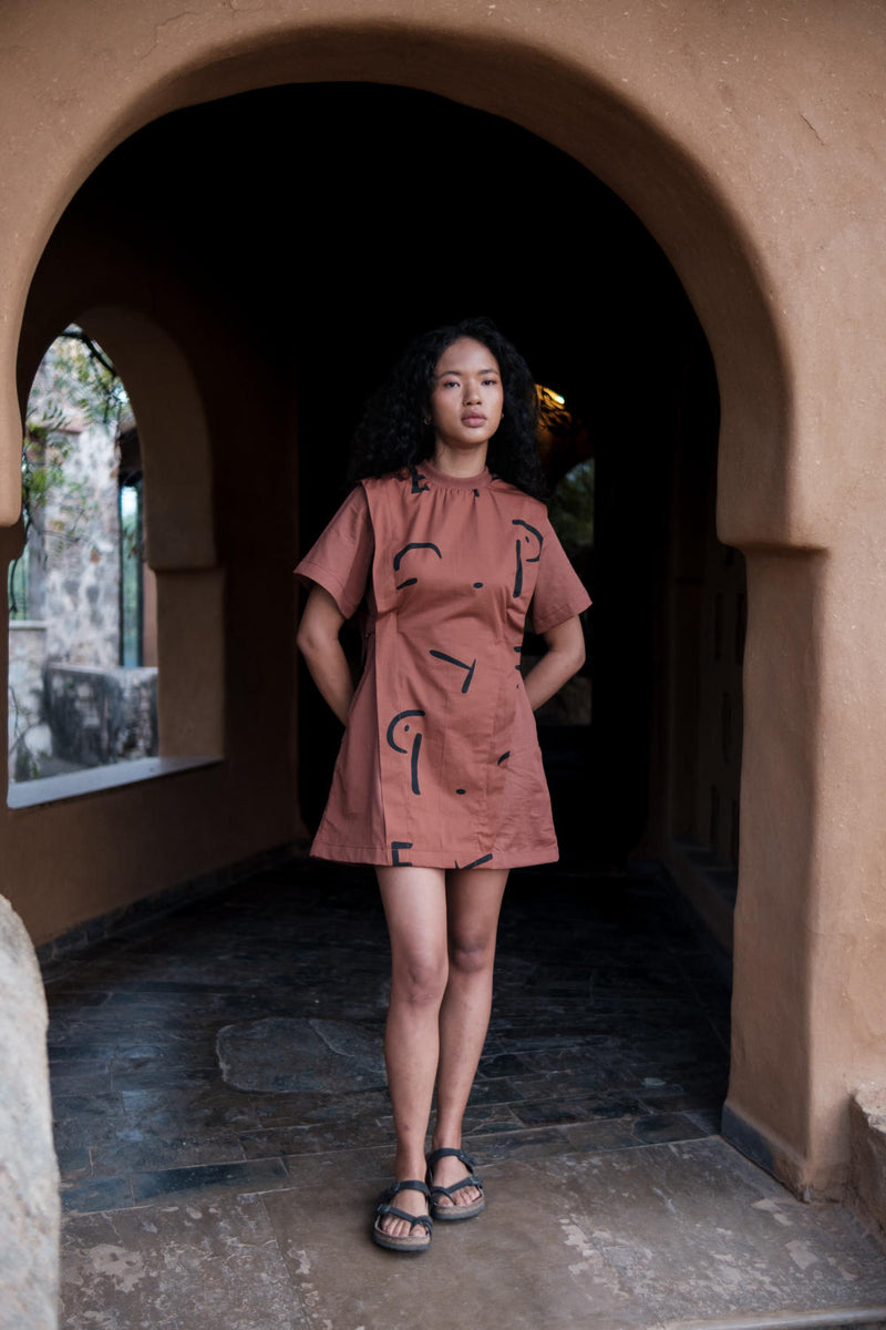 Rory Rib Dress-Copper Line Printed cotton by The Terra Tribe for women in Singapore