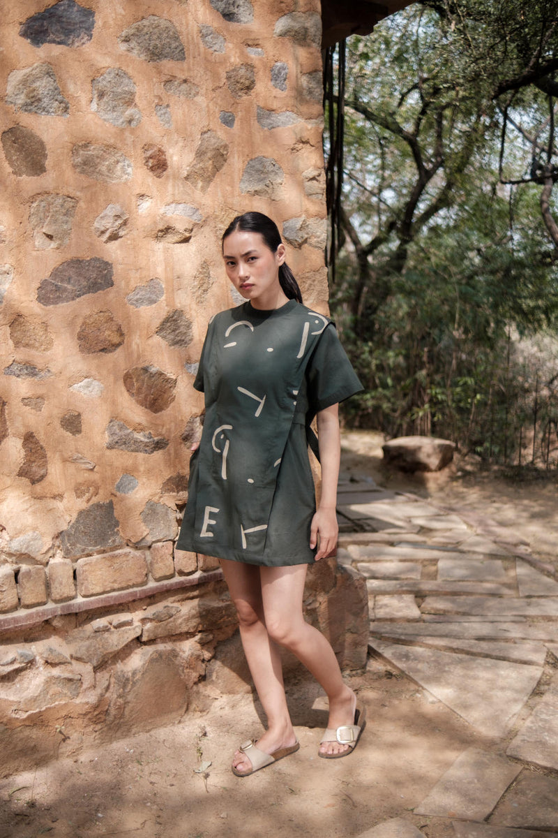 Rory Rib Dress-Deep Green Line Printed cotton by The Terra Tribe in green color for women in Singapore
