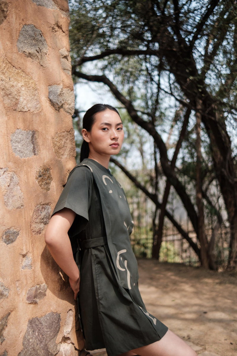 Rory Rib Dress-Deep Green Line Printed cotton by The Terra Tribe in green color for women in Singapore