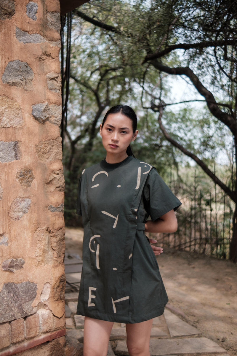 Rory Rib Dress-Deep Green Line Printed cotton by The Terra Tribe in green color for women in Singapore