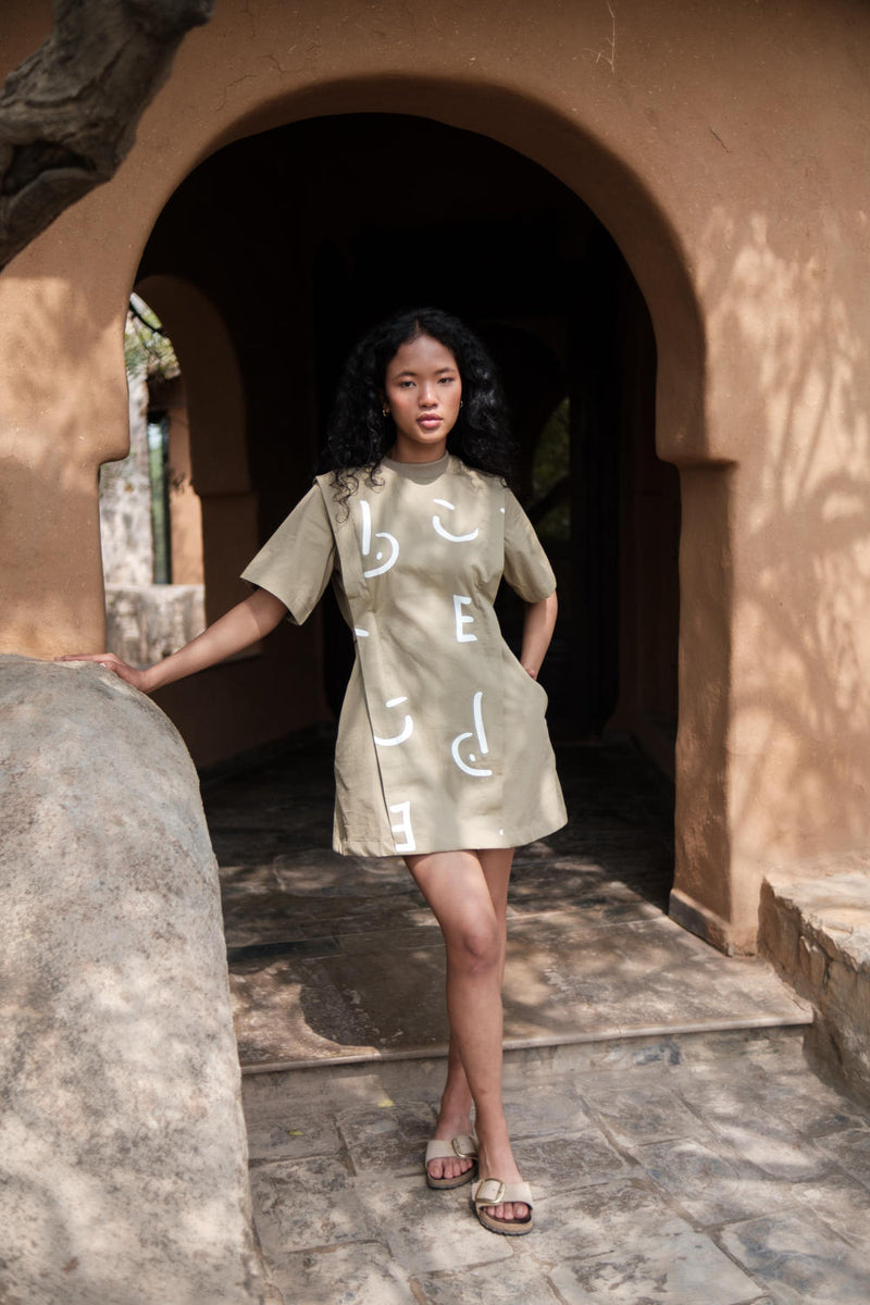 Rory Rib Dress-Khaki Line Printed cotton by The Terra Tribe for women in Singapore