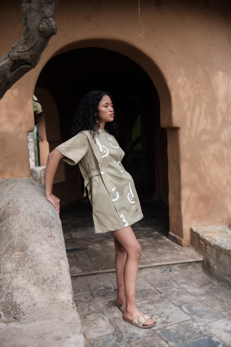 Rory Rib Dress-Khaki Line Printed cotton by The Terra Tribe for women in Singapore