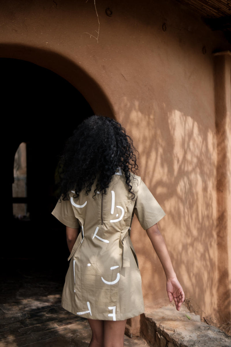 Rory Rib Dress-Khaki Line Printed cotton by The Terra Tribe for women in Singapore
