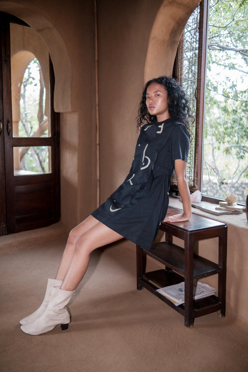 Rory Rib Dress-Black Line Printed cotton by The Terra Tribe in black color for women in Singapore