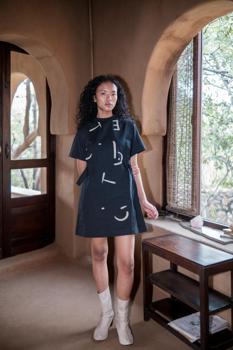 Rory Rib Dress-Black Line Printed cotton by The Terra Tribe in black color for women in Singapore