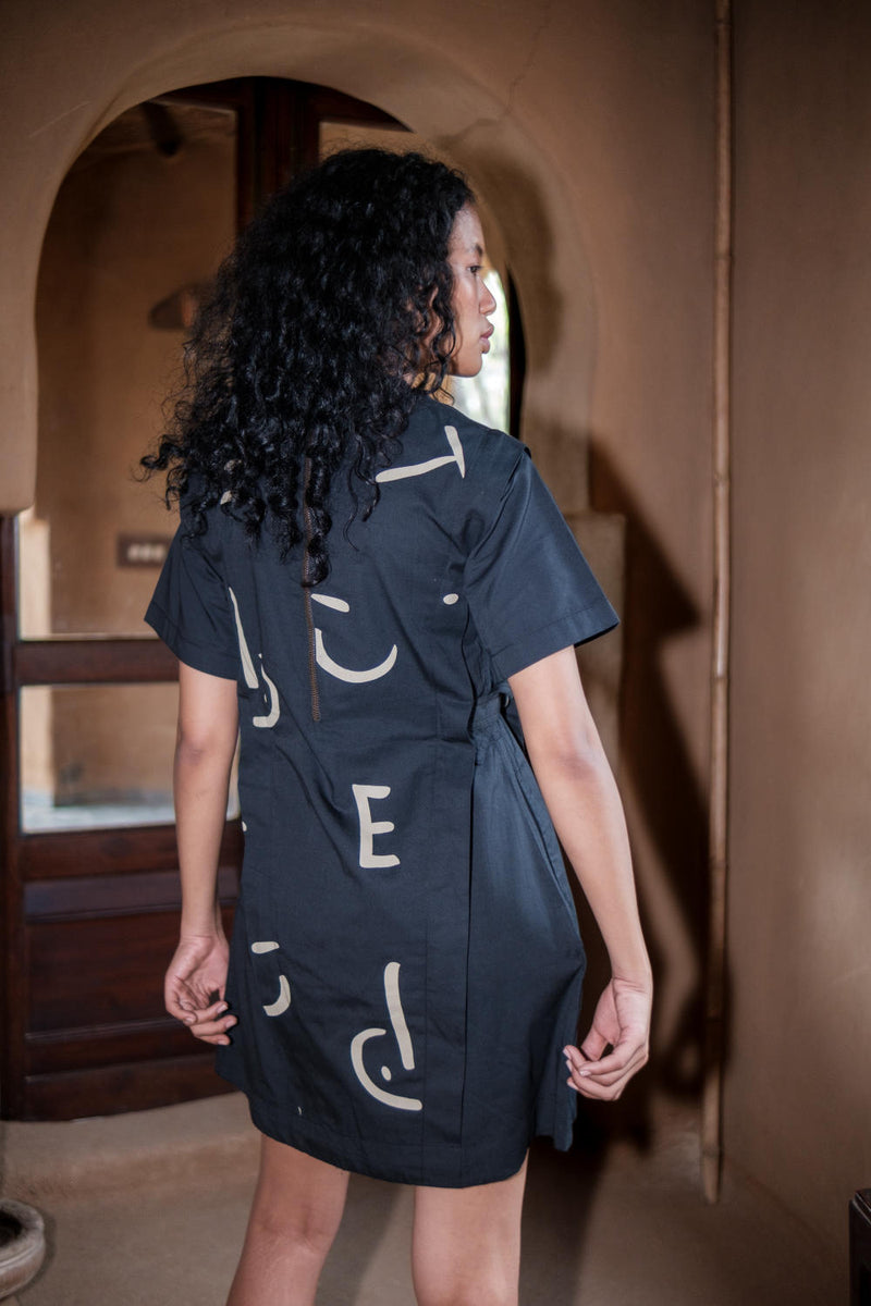 Rory Rib Dress-Black Line Printed cotton by The Terra Tribe in black color for women in Singapore