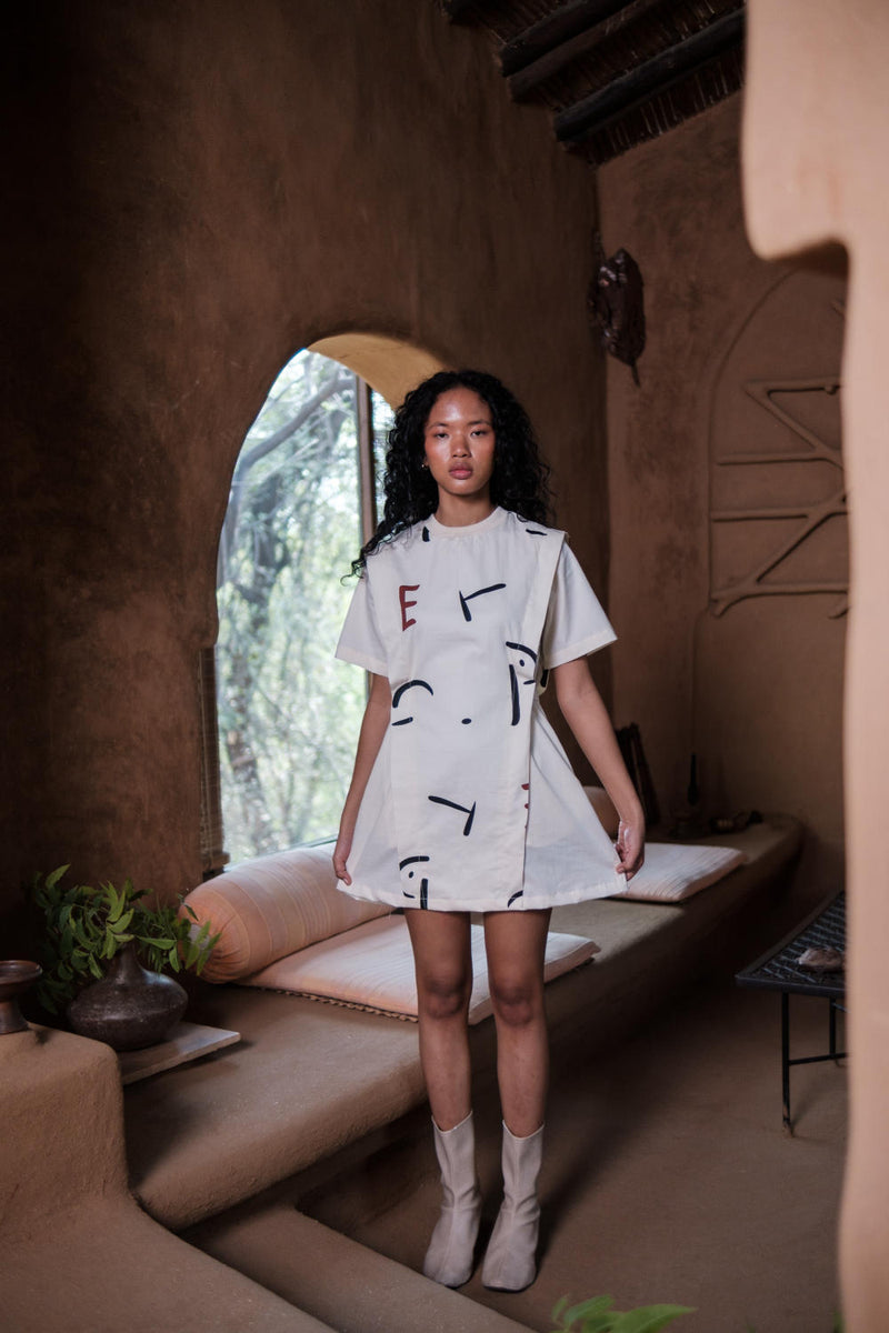 Rory Rib Dress-Ecru Line Printed cotton by The Terra Tribe in ecru color for women in Singapore